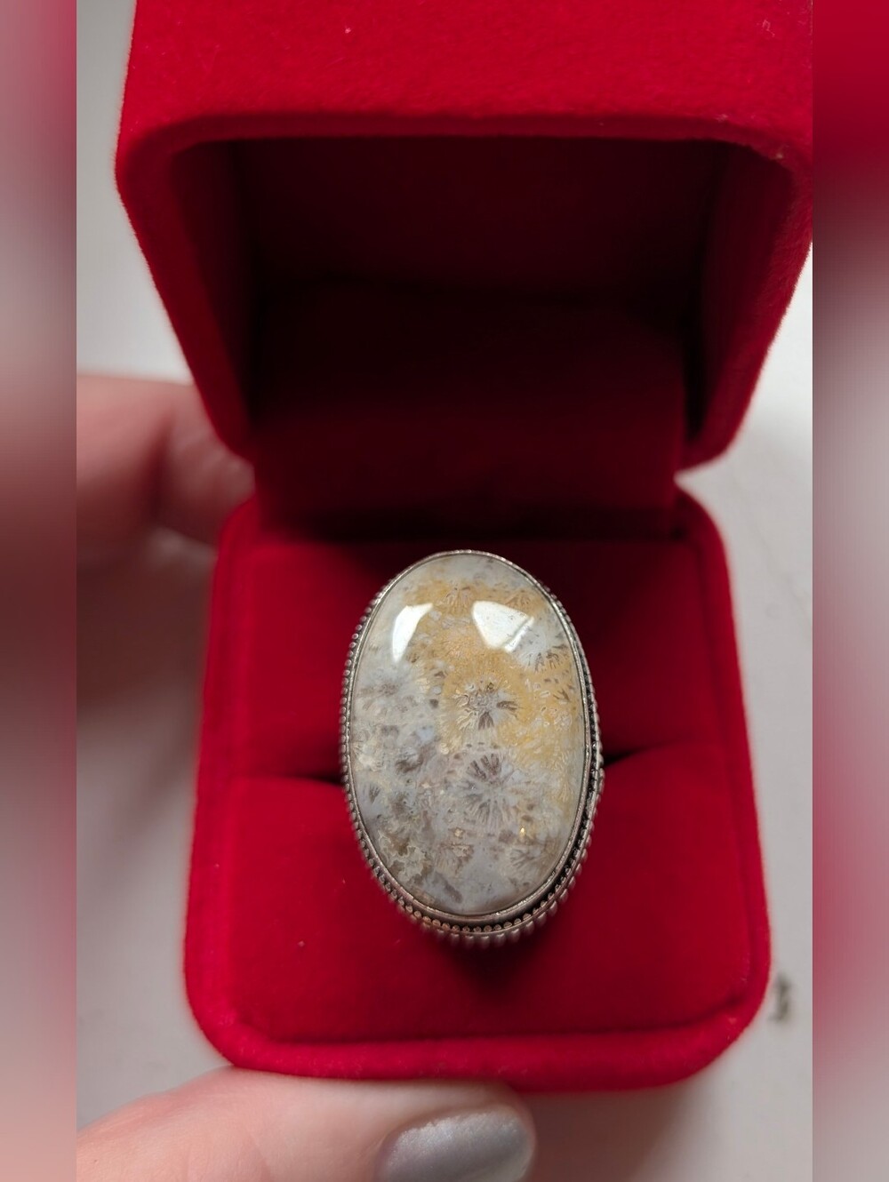 Vintage Handcrafted Sterling Silver Fossil Stone Oval Statement Ring 8.75